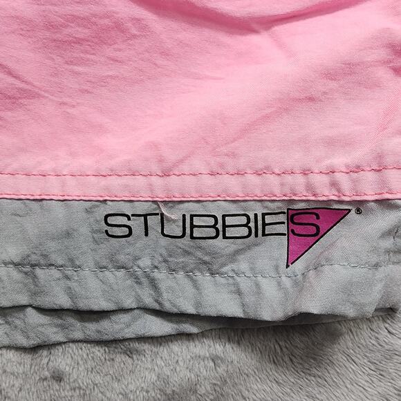 Vintage 80s 90s Stubbies Swim Shorts Mens 34 Pink Gray Drawstring Lined Beach - Picture 2 of 11